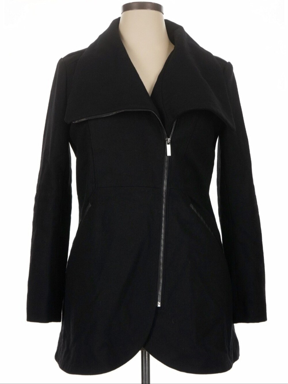 French Connection Tulip Hem Coat Wool Blend Faux Leather Pocket Black Size M
